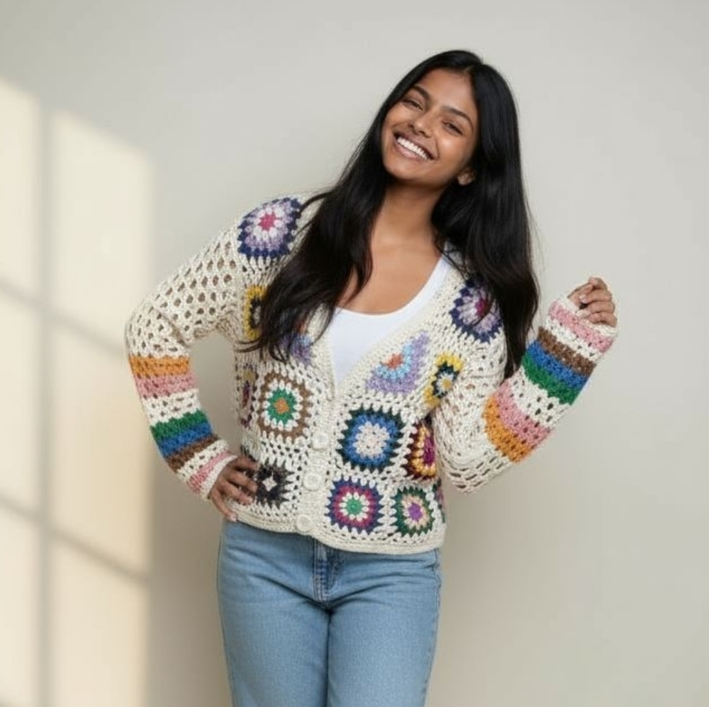 Crocheted Boho Hippie Granny Square Cardigan Open Knit Sweater Colorful S